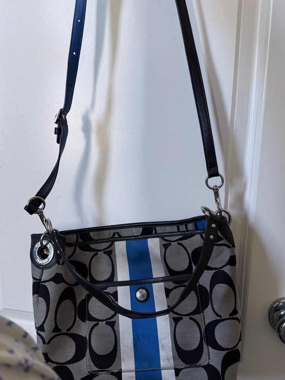 Coach Grey Monogram Shoulder Bag with Blue Stripe and Black Trim - Picture 6 of 12